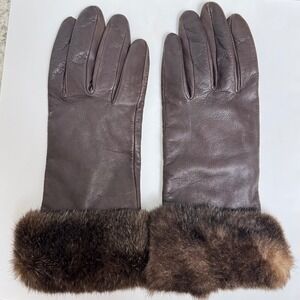 Leather Gloves Womens Fur Cuff Thinsulate Thermal Insulation Brown Large Vintage